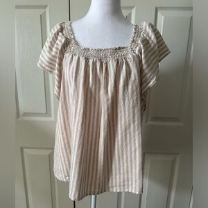 A New Day, Linen Top, elastic, flutter sleeve, stripes, loose fit, Large